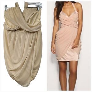 NWT Short Crinkle Chiffon Drape Halter Dress Taupe Bridesmaid Prom Formal I.C.U.